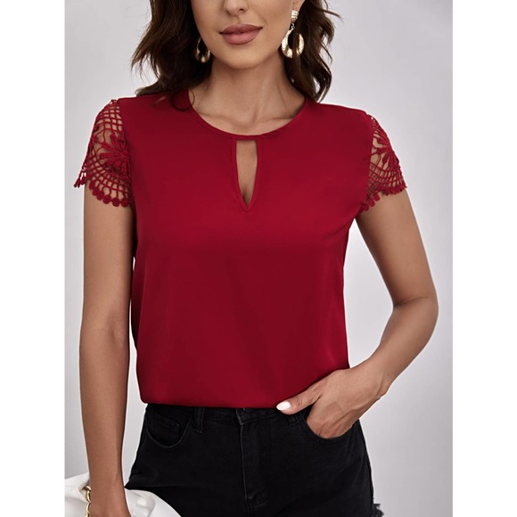 BohoGypsyDreamer.com Tops - Keyhole short sleeve Guipure Lace Blouse maroon red